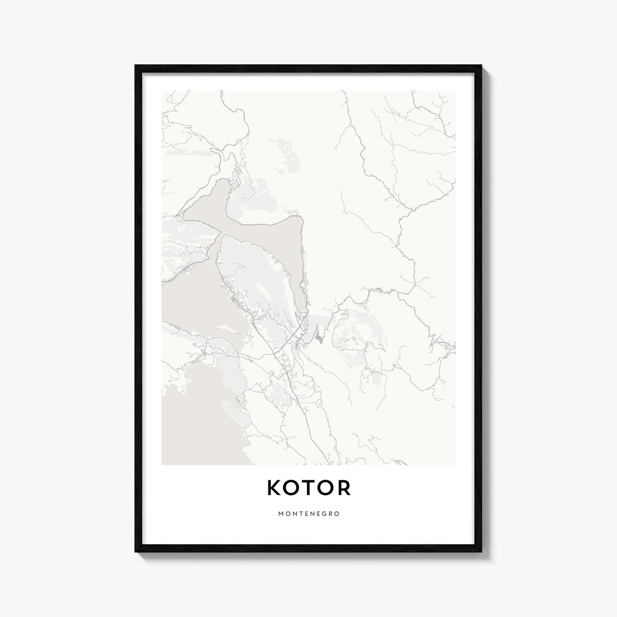 Kotor black & white map poster of Montenegro – vertical wall art, unframed print shown in interior mockup