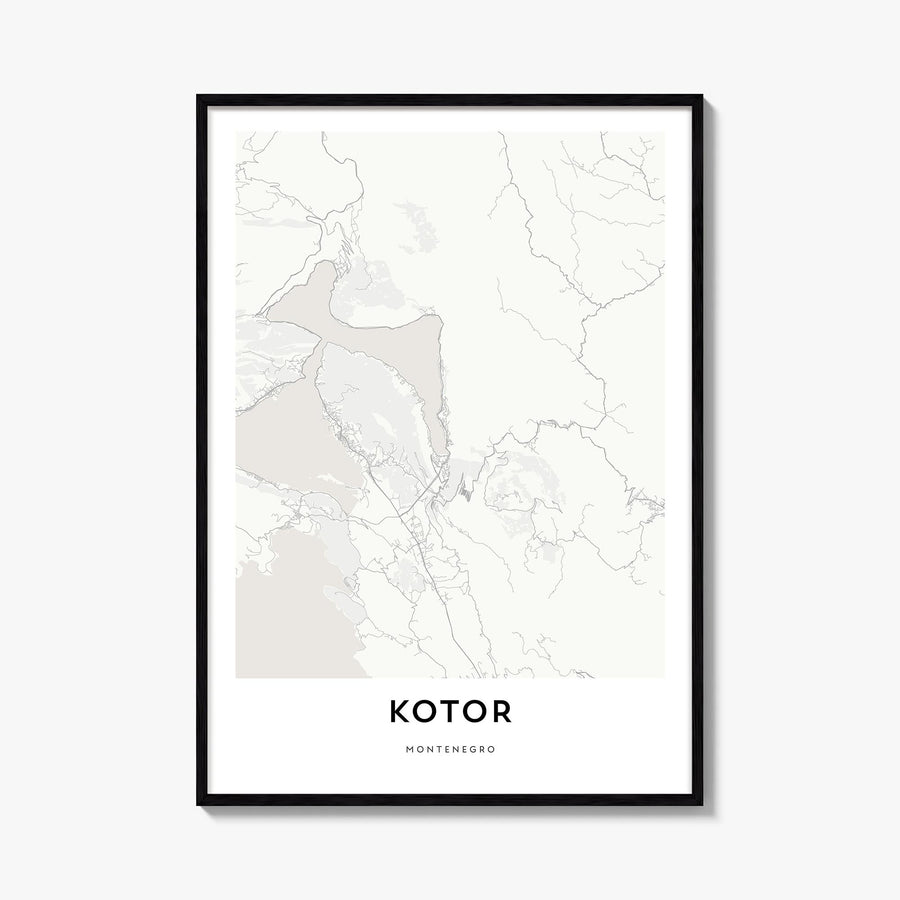 Kotor black & white map poster of Montenegro – vertical wall art, unframed print shown in interior mockup