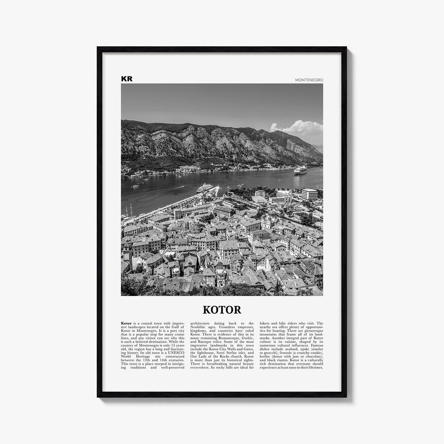 Kotor black & white newspaper poster of Montenegro – vertical wall art, unframed print shown in interior mockup