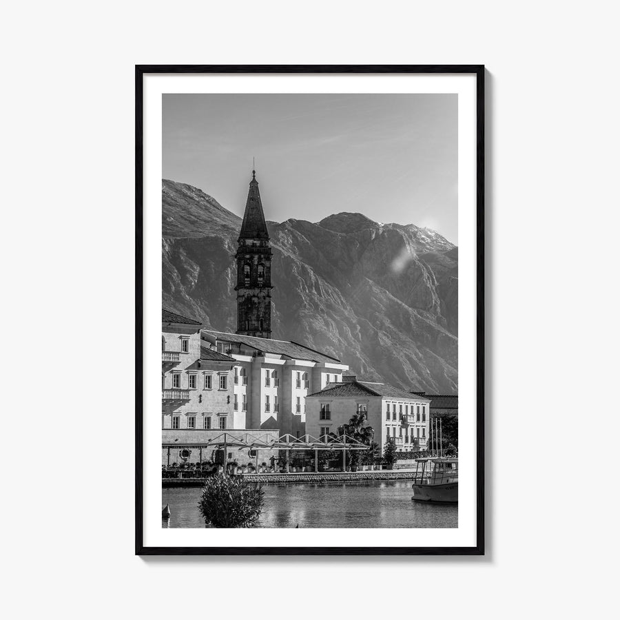 Kotor black & white photo poster of Montenegro – vertical wall art, unframed print shown in interior mockup