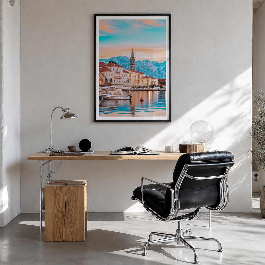 Kotor colorful photo poster of Montenegro – vertical wall art in black wood frame with white border, hanging on wall