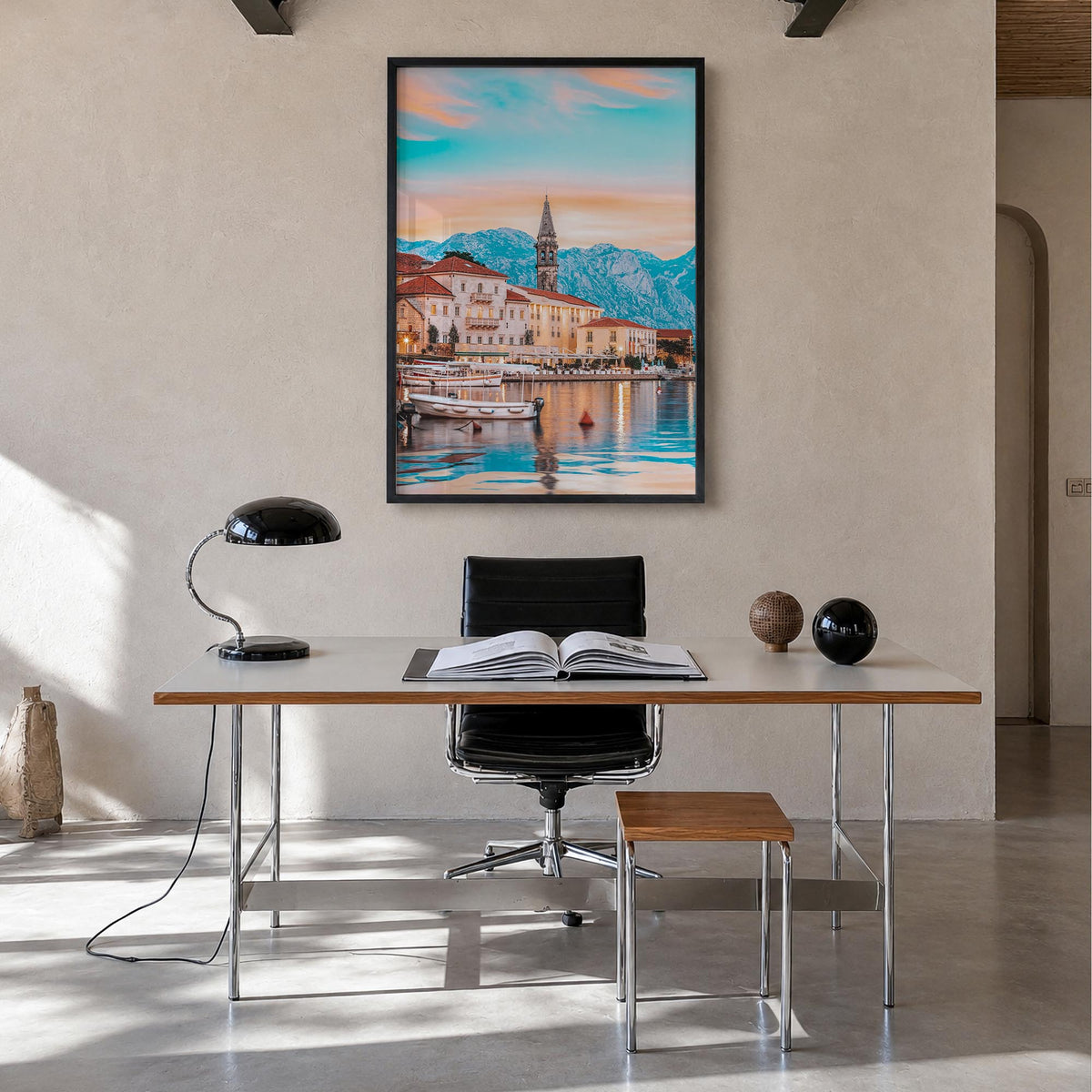 Kotor colorful photo poster of Montenegro – vertical wall art in black wood frame, hanging on wall
