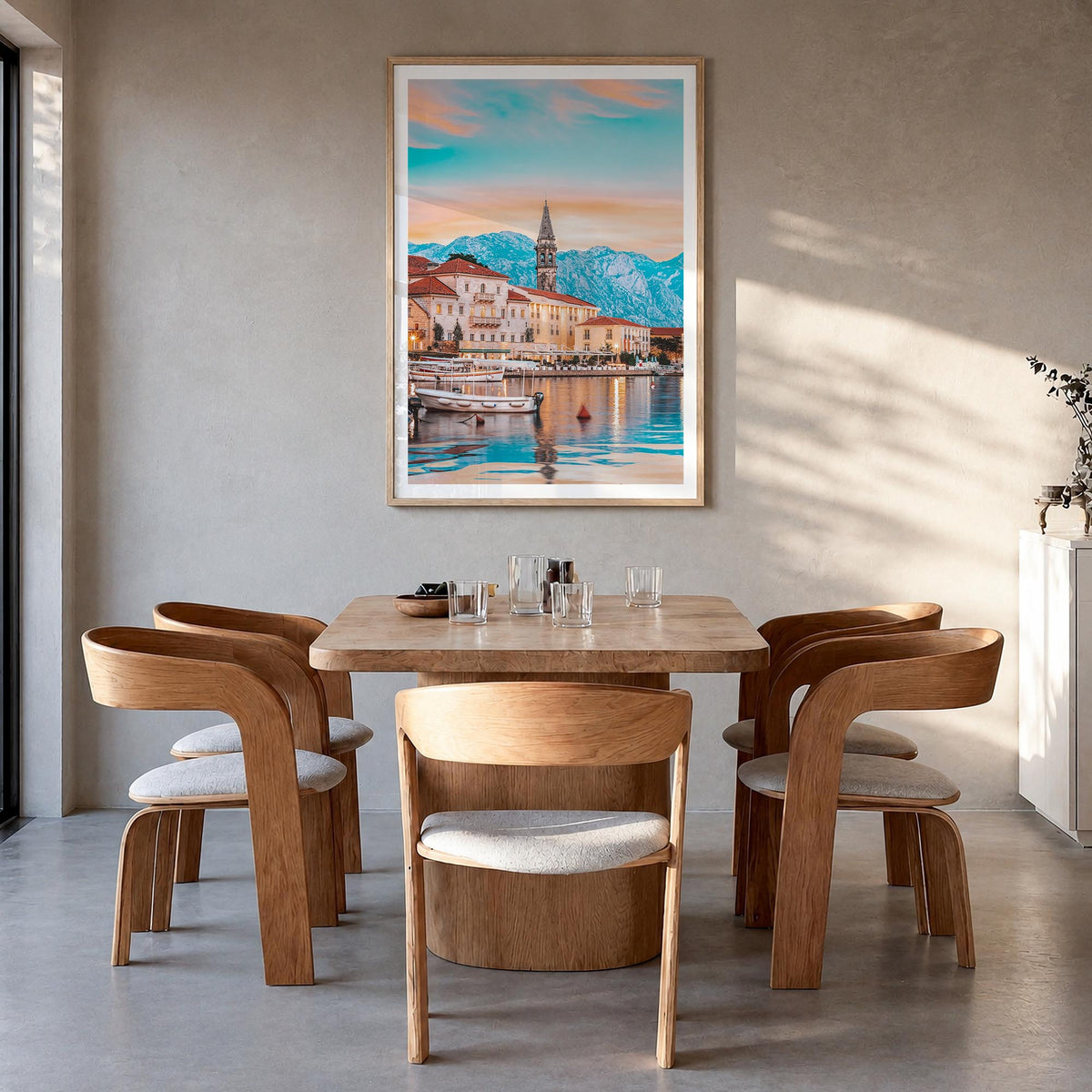 Kotor colorful photo poster of Montenegro – vertical wall art in natural wood frame with white border, hanging on wall