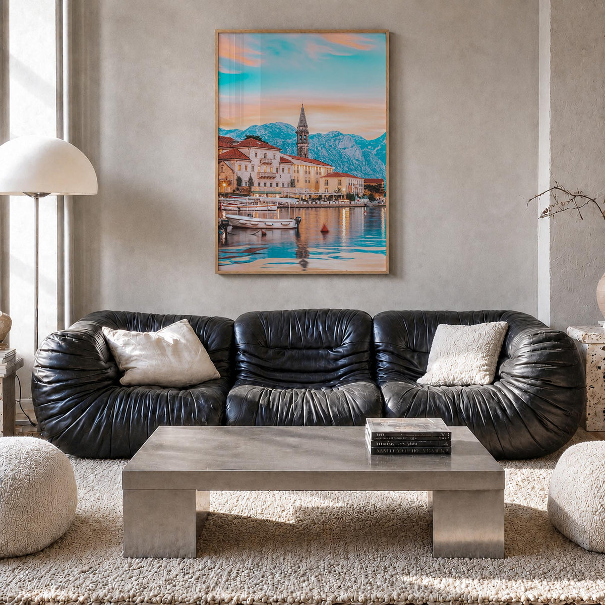 Kotor colorful photo poster of Montenegro – vertical wall art in natural wood frame, hanging on wall