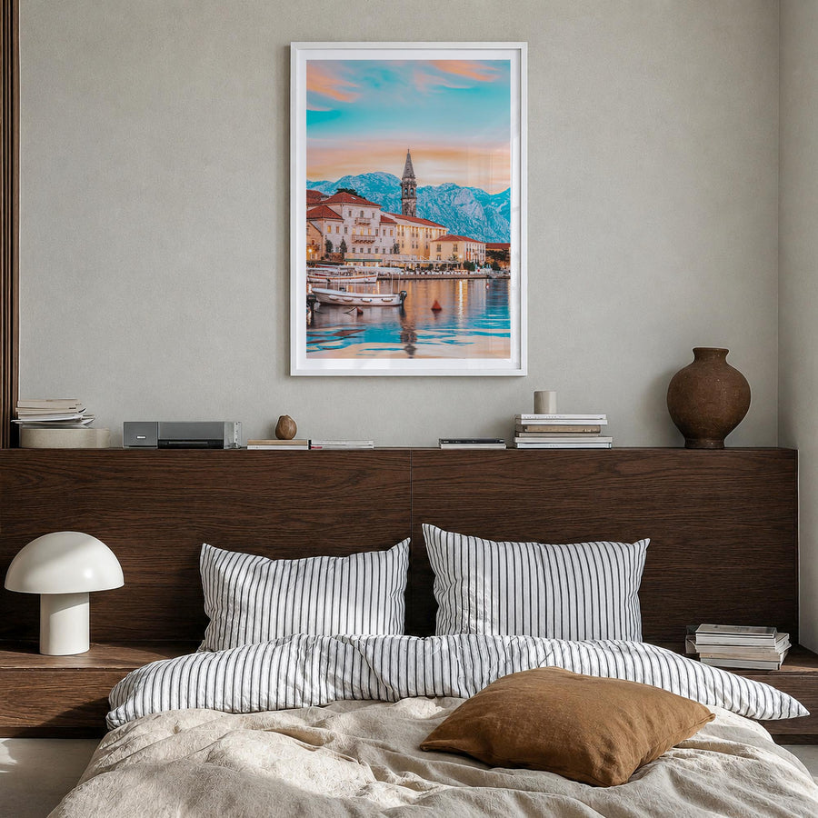 Kotor colorful photo poster of Montenegro – vertical wall art in white wood frame with white border, hanging on wall