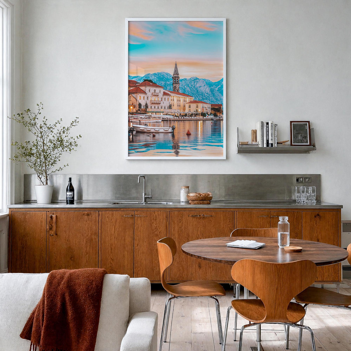 Kotor colorful photo poster of Montenegro – vertical wall art in white wood frame, hanging on wall