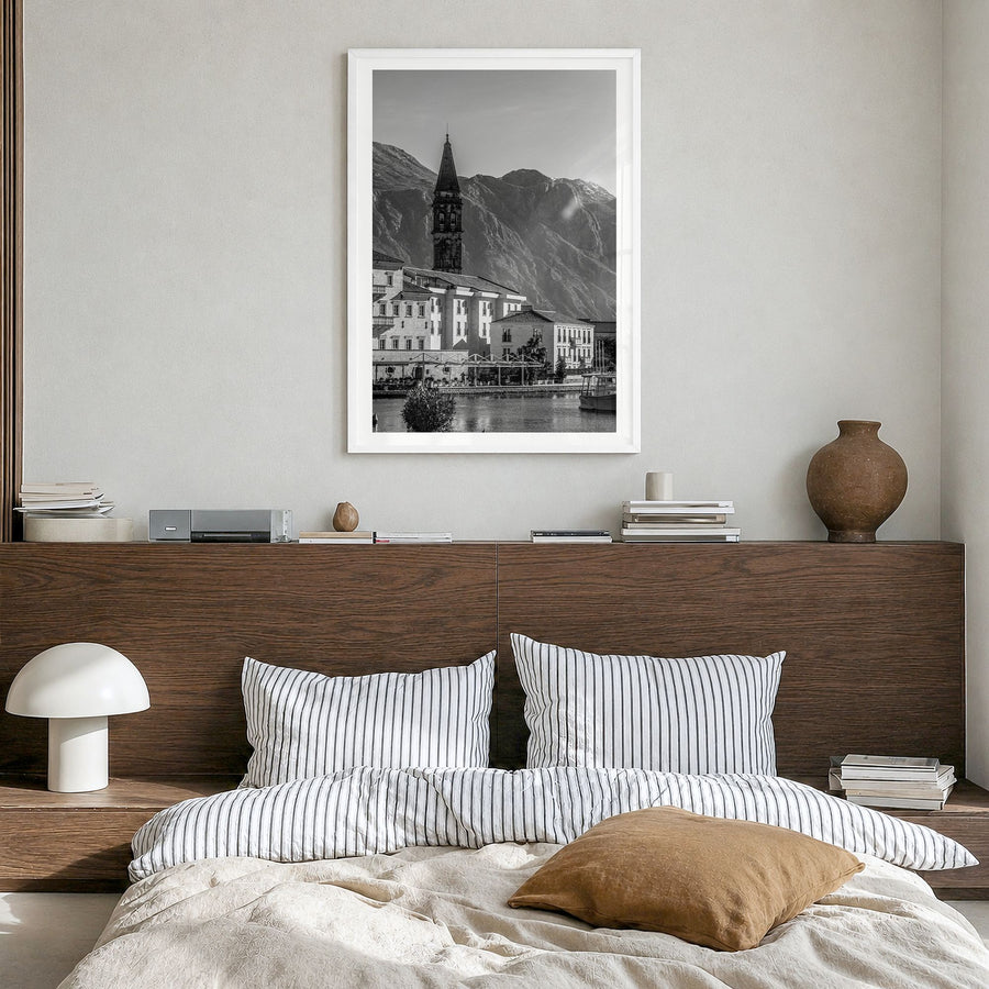 Kotor Photo Poster in a white wood frame, hanging in a bedroom, white border