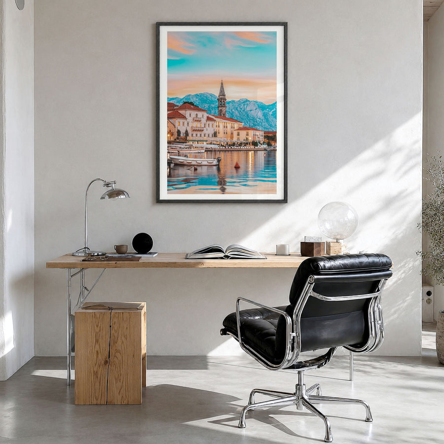 Kotor Photo Poster in a black wood frame, hanging in a bright home office, white border
