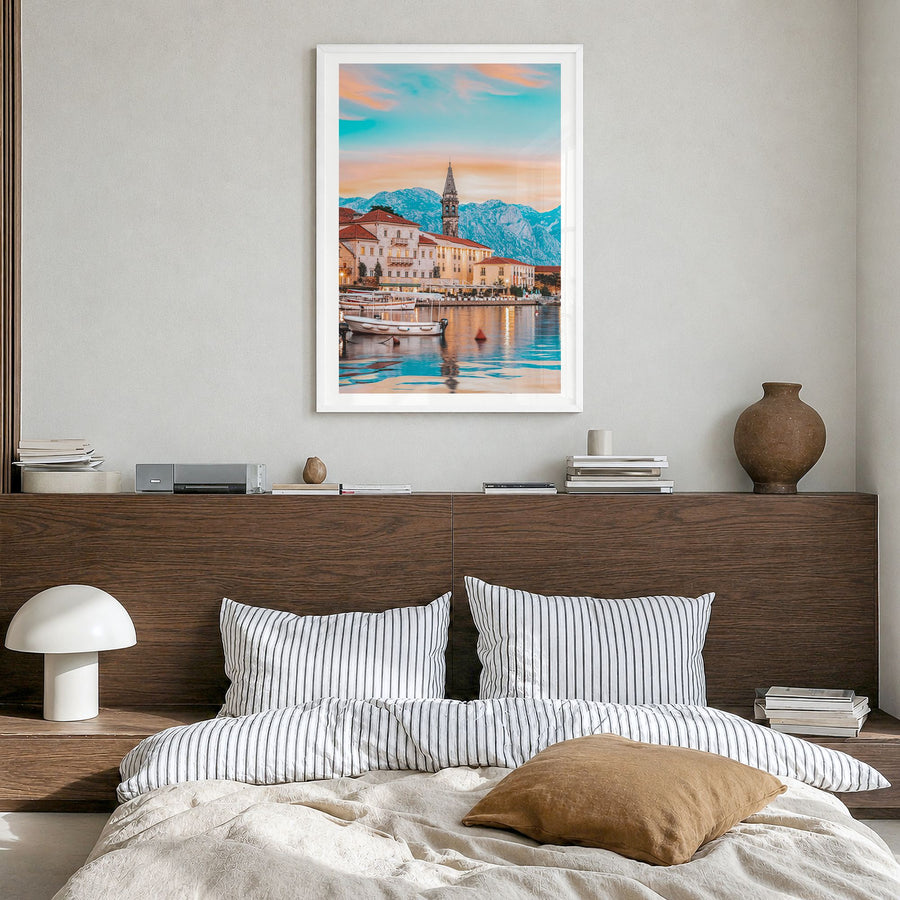 Kotor Photo Poster in a white wood frame, hanging in a bedroom, white border