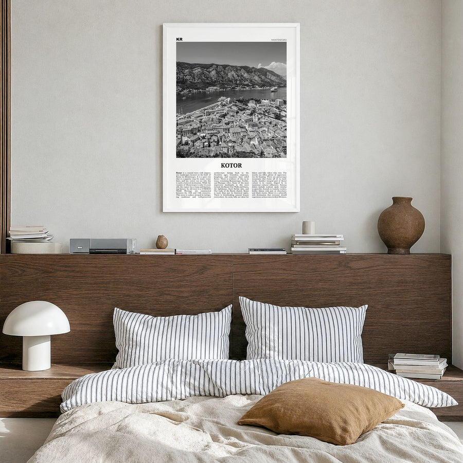 Kotor Newspaper Poster in a white wood frame, hanging in a bedroom