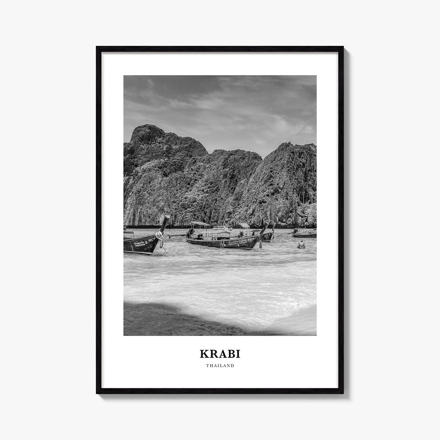 Krabi black & white classic poster of Thailand – vertical wall art, unframed print shown in interior mockup