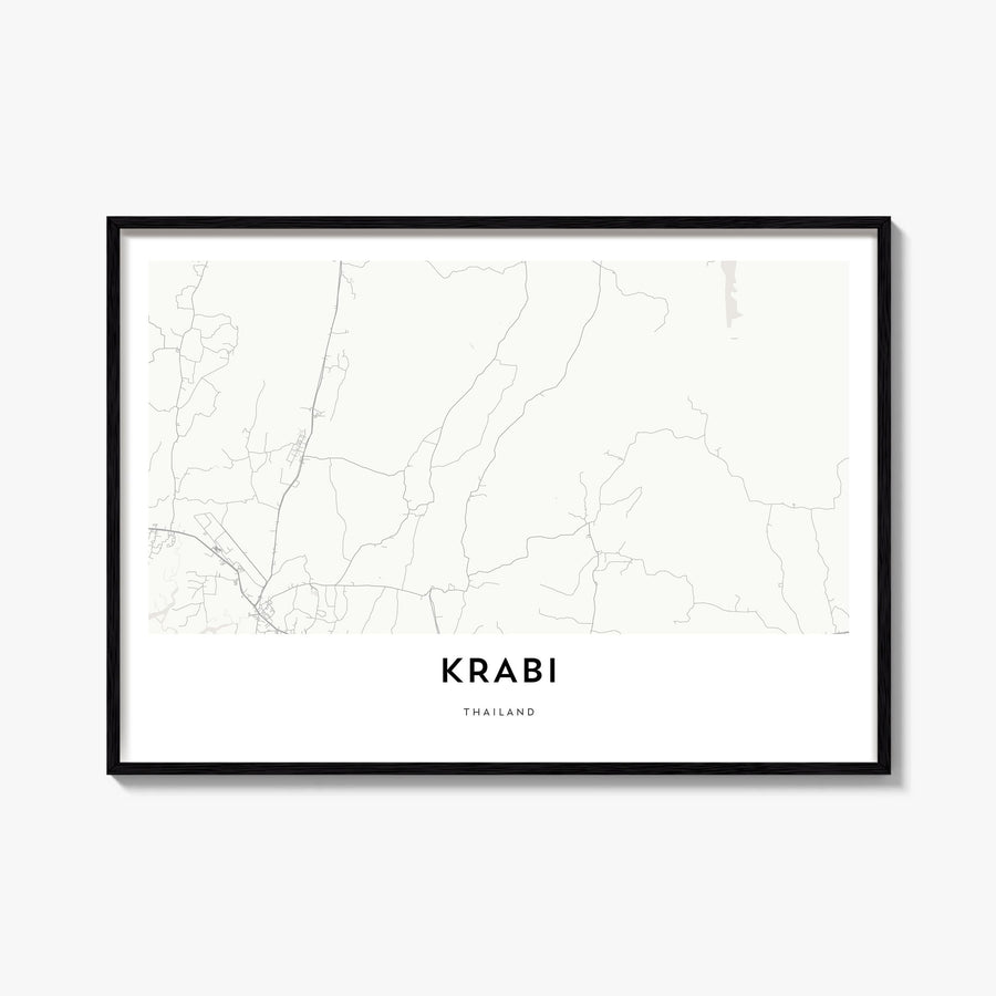 Krabi black & white map poster of Thailand – horizontal wall art, unframed print shown in interior mockup