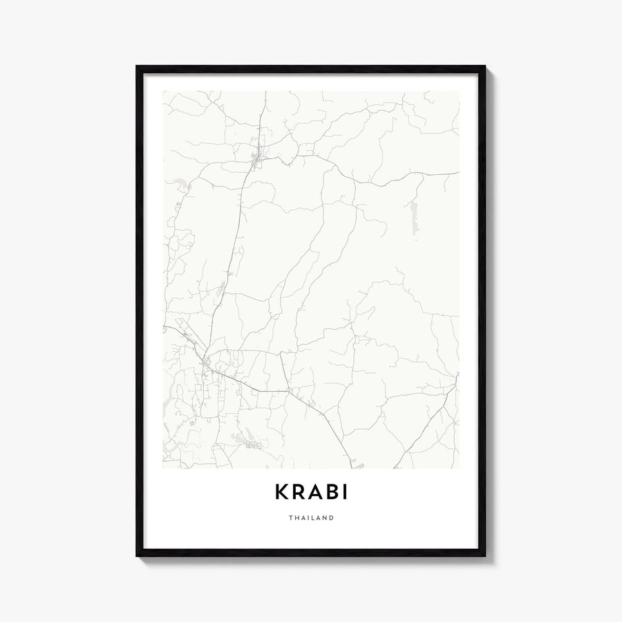 Krabi black & white map poster of Thailand – vertical wall art, unframed print shown in interior mockup