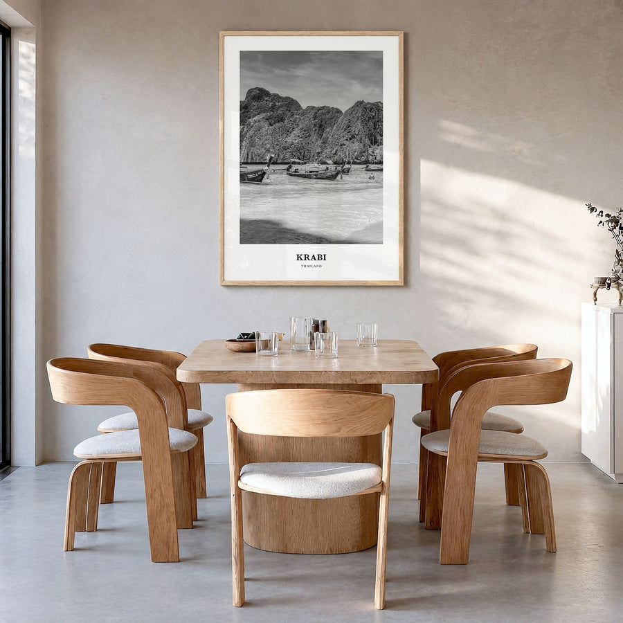 Krabi Classic Poster in a natural wood frame, hanging in a dining room