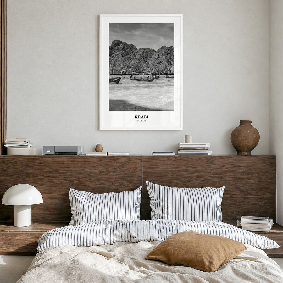 Krabi Classic Poster in a white wood frame, hanging in a bedroom