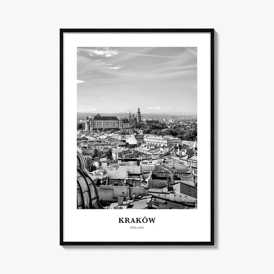 Kraków black & white classic poster of Poland – vertical wall art, unframed print shown in interior mockup