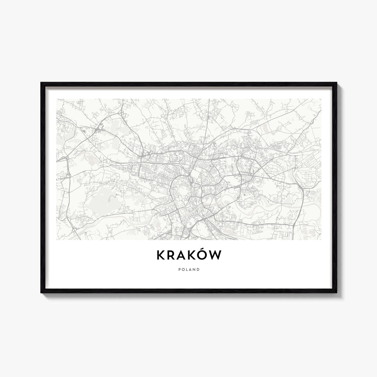 Kraków black & white map poster of Poland – horizontal wall art, unframed print shown in interior mockup
