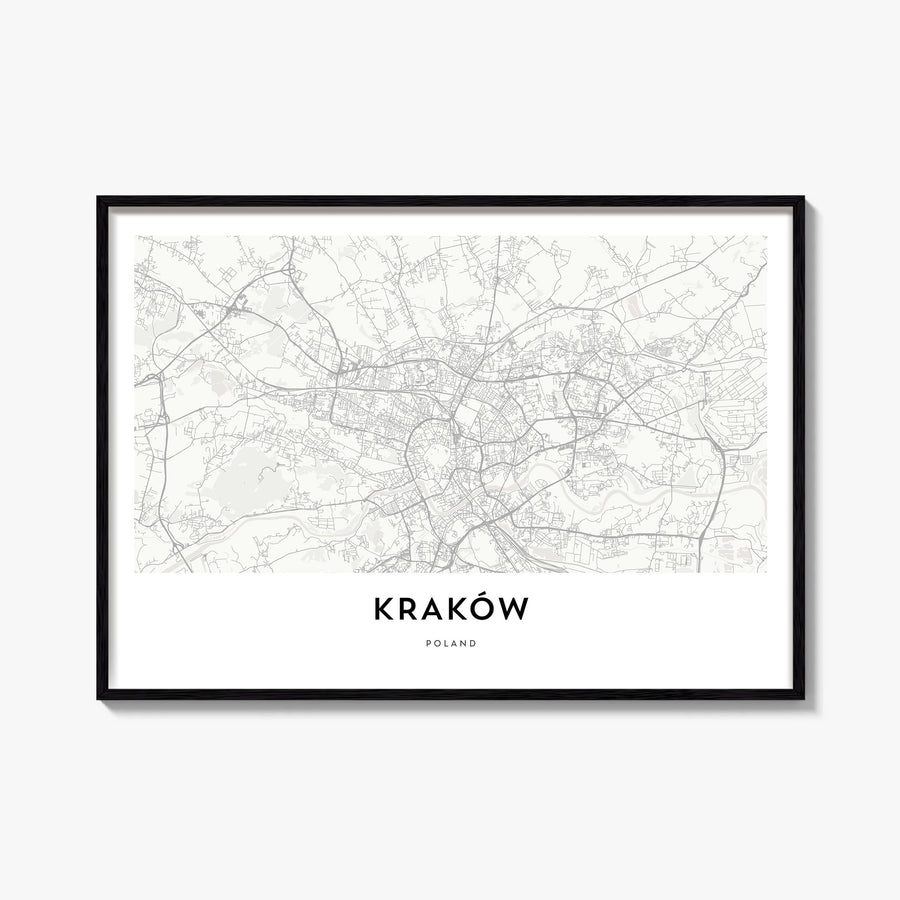 Kraków black & white map poster of Poland – horizontal wall art, unframed print shown in interior mockup