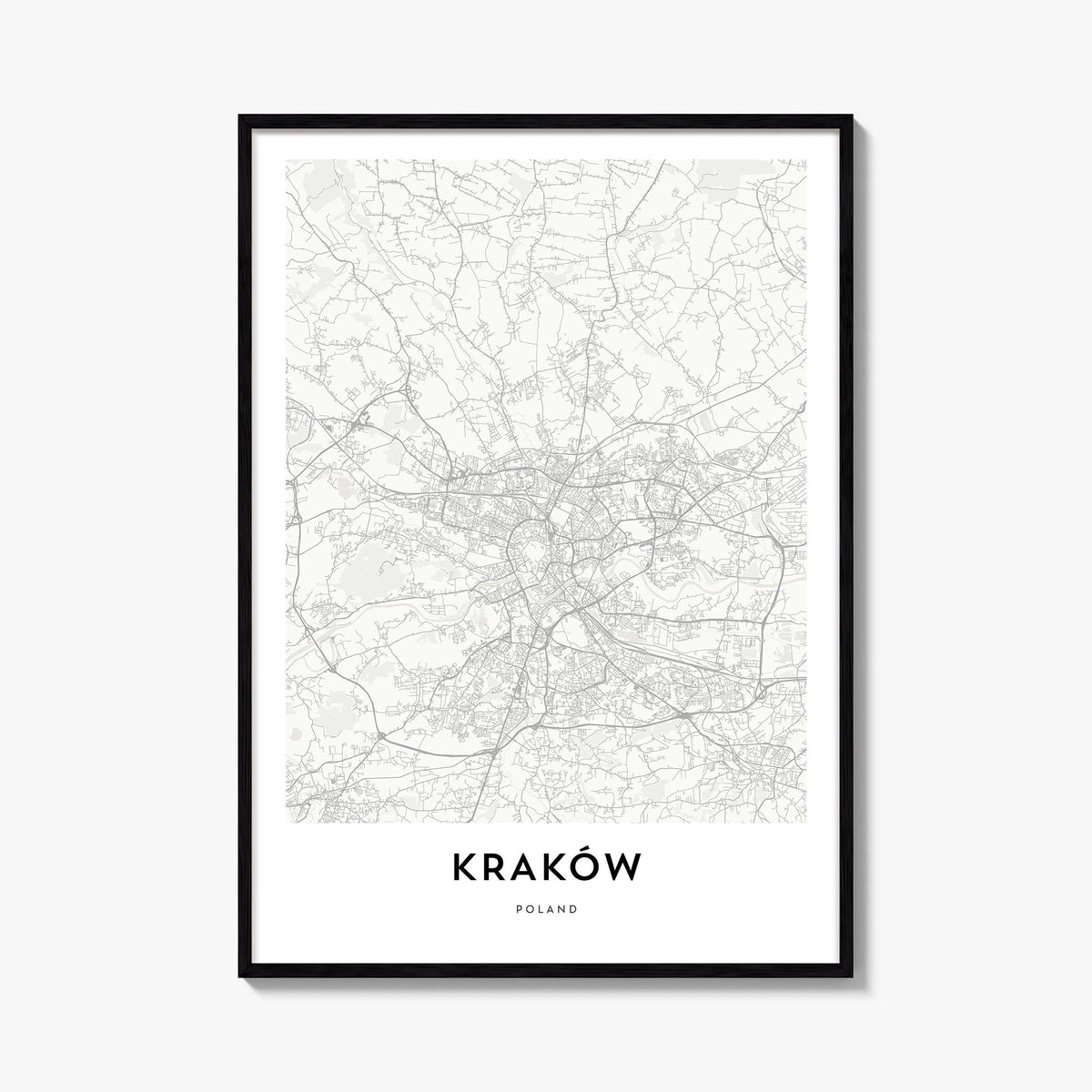 Kraków black & white map poster of Poland – vertical wall art, unframed print shown in interior mockup
