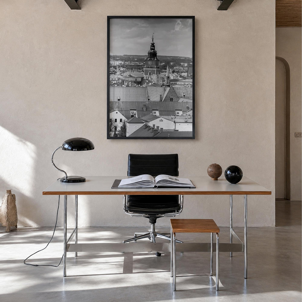 Kraków black & white photo poster of Poland – vertical wall art in black wood frame, hanging on wall