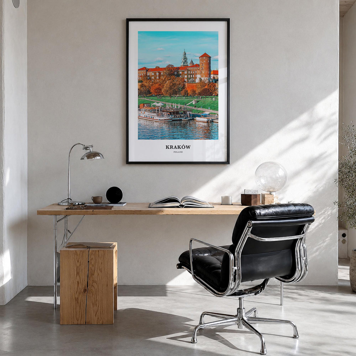 Kraków colorful classic poster of Poland – vertical wall art in black wood frame, hanging on wall
