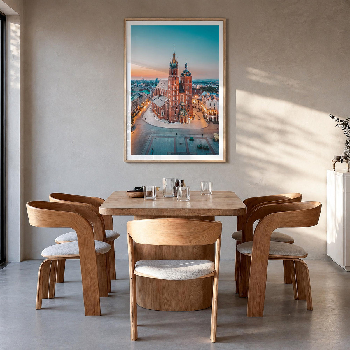 Kraków colorful photo poster of Poland – vertical wall art in natural wood frame with white border, hanging on wall