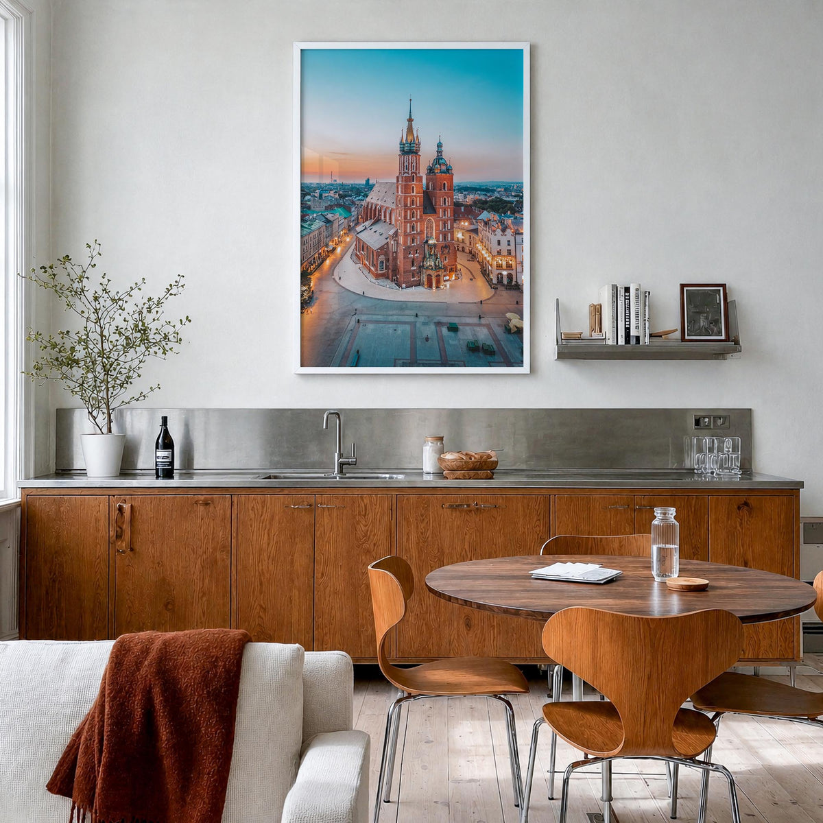 Kraków colorful photo poster of Poland – vertical wall art in white wood frame, hanging on wall