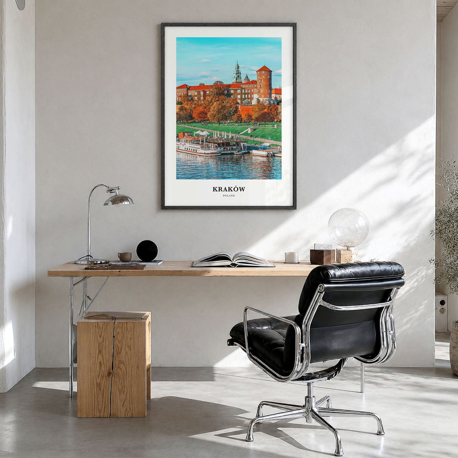 Kraków Classic Poster in a black wood frame, hanging in a bright home office