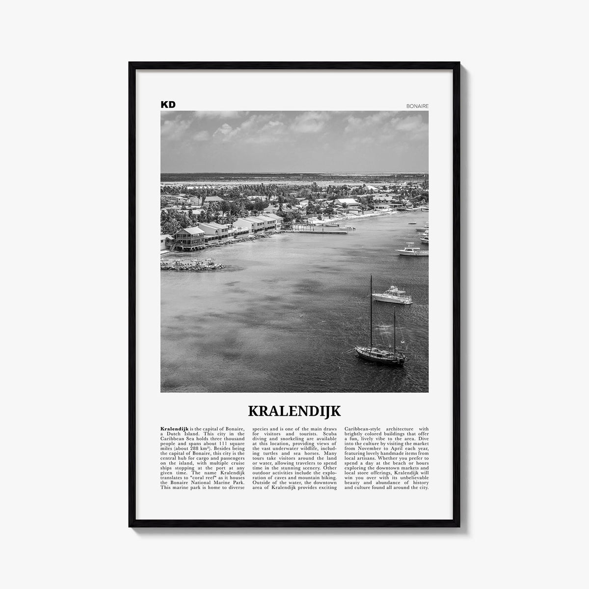 Kralendijk black & white newspaper poster of Caribbean – vertical wall art, unframed print shown in interior mockup
