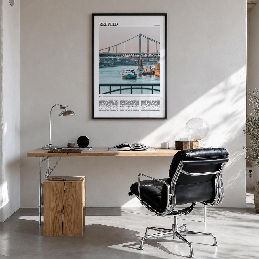 Krefeld colorful travel poster of Germany – vertical wall art in black wood frame, hanging on wall