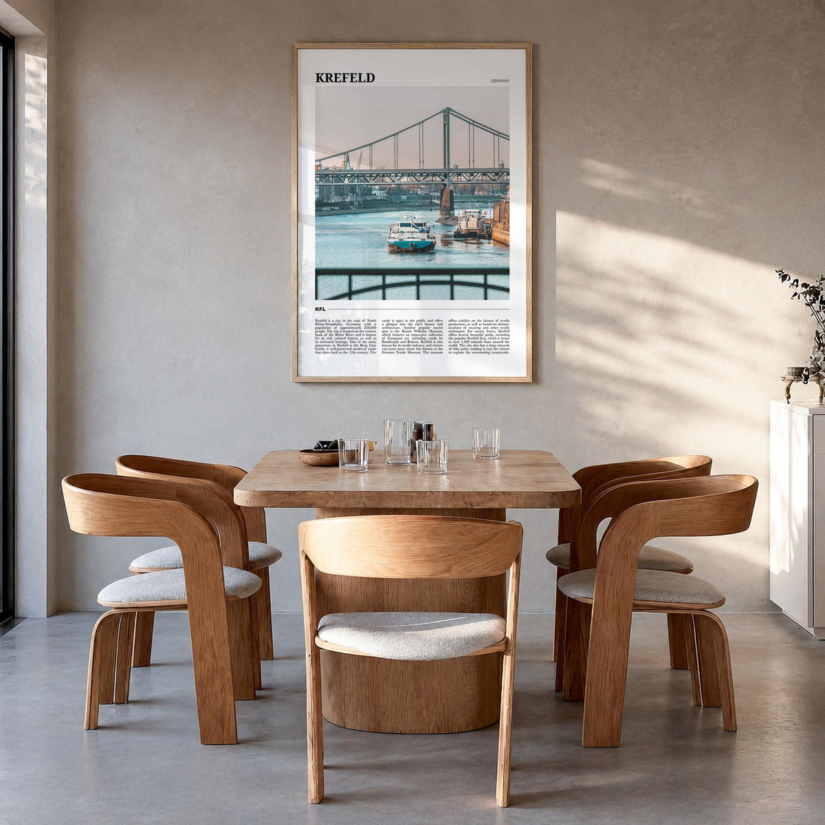Krefeld colorful travel poster of Germany – vertical wall art in natural wood frame, hanging on wall