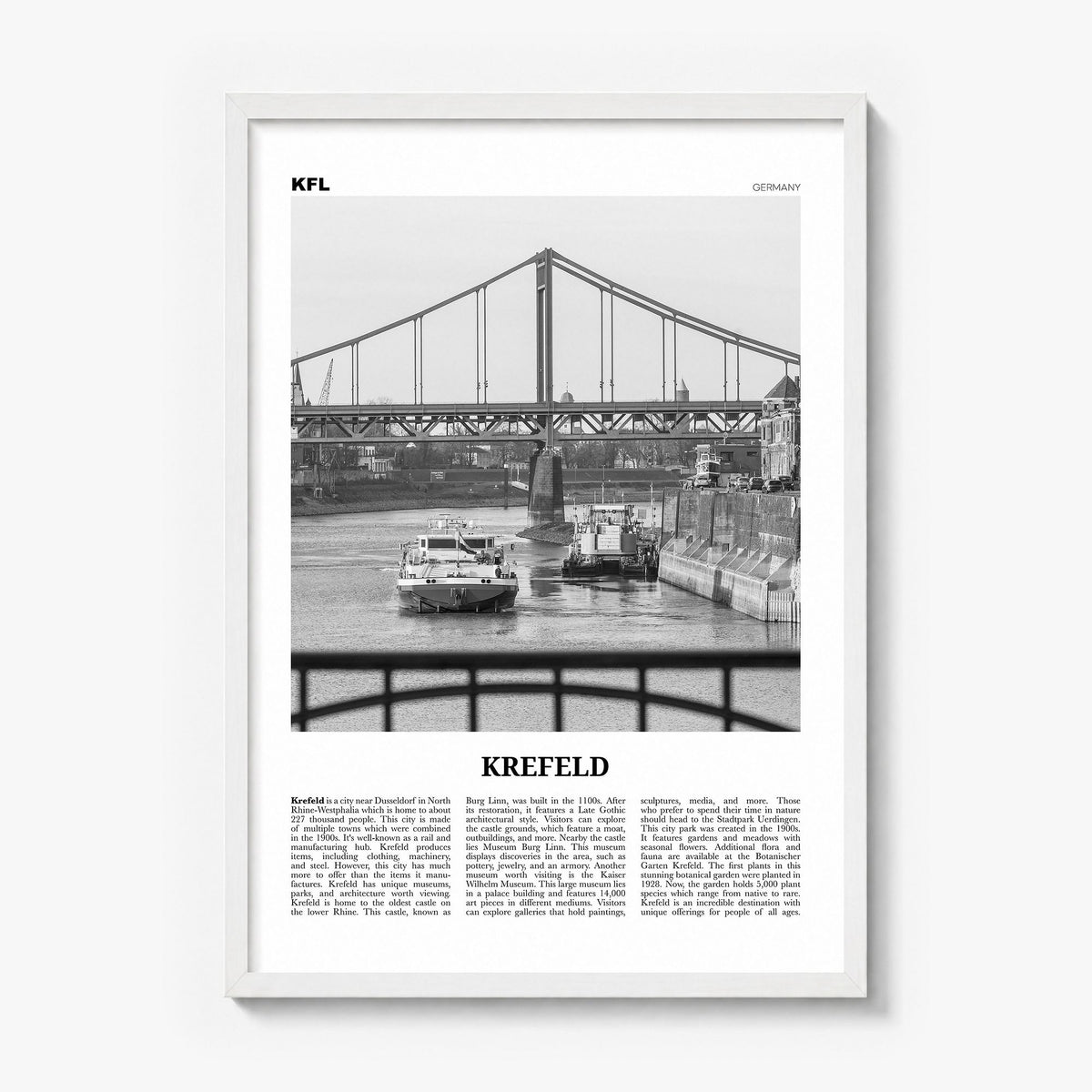 Krefeld Newspaper Poster in a white wood frame