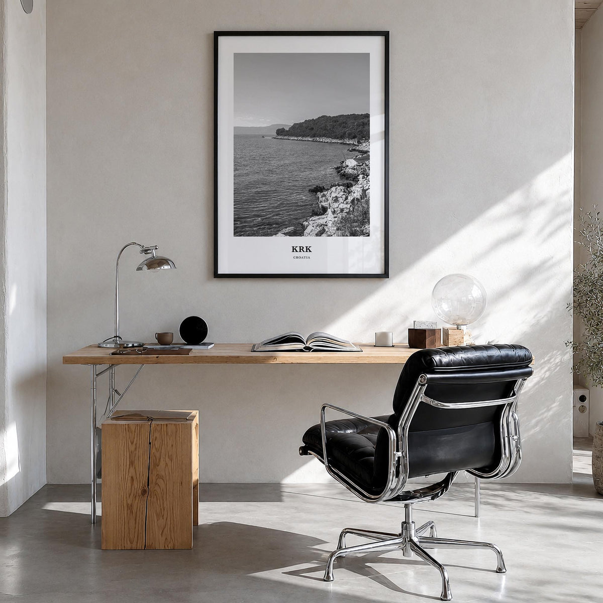 Krk black & white classic poster of Croatia – vertical wall art in black wood frame, hanging on wall