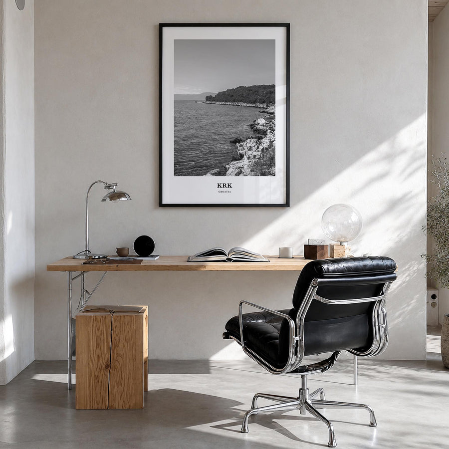 Krk black & white classic poster of Croatia – vertical wall art in black wood frame, hanging on wall