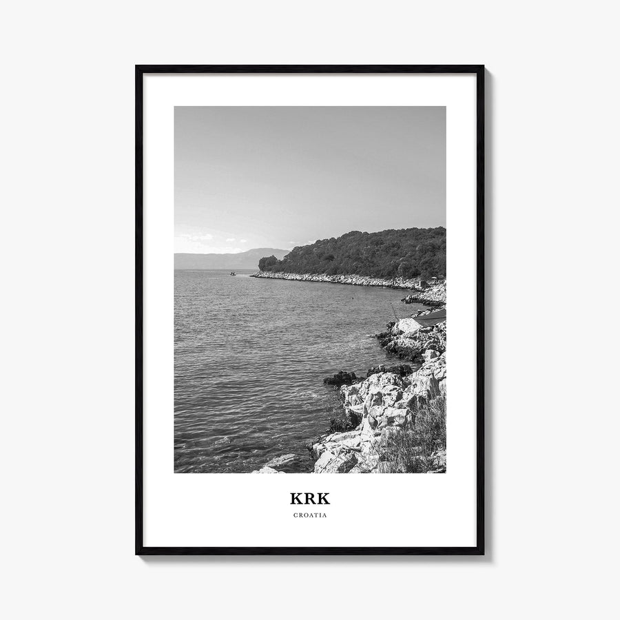 Krk black & white classic poster of Croatia – vertical wall art, unframed print shown in interior mockup