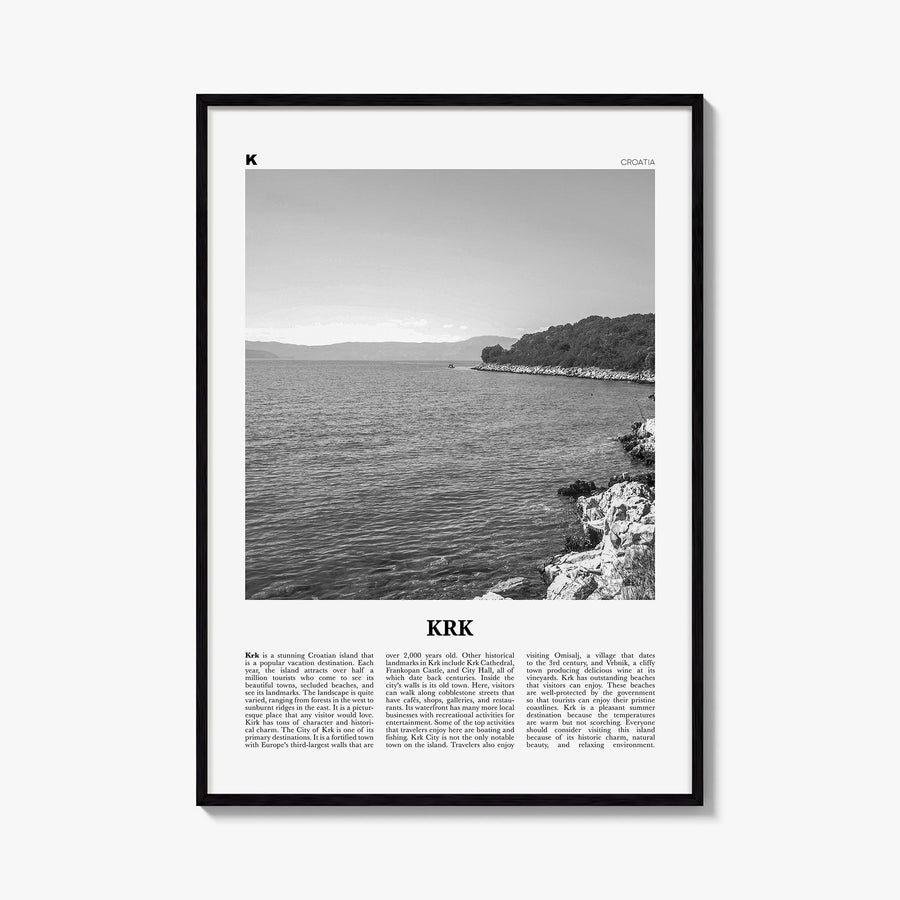 Krk black & white newspaper poster of Croatia – vertical wall art, unframed print shown in interior mockup