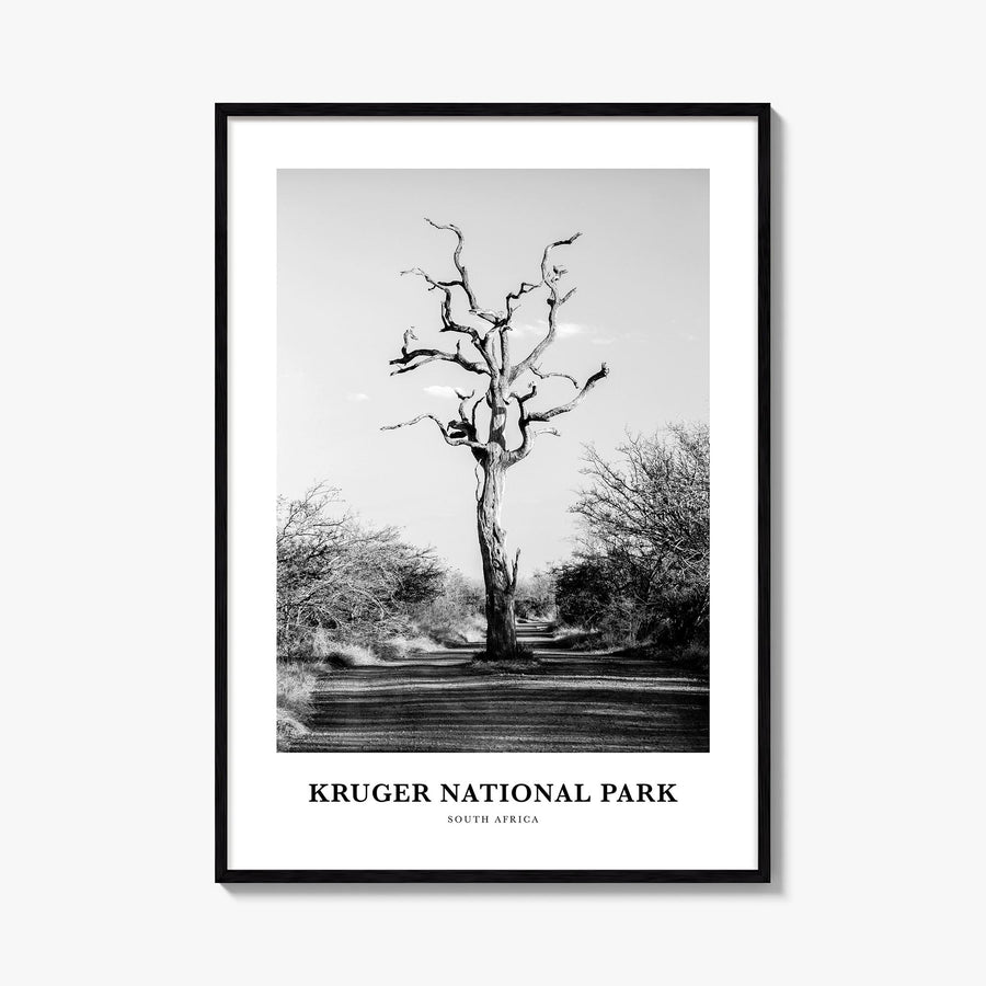 Kruger National Park black & white classic poster of South Africa – vertical wall art, unframed print shown in interior mocku