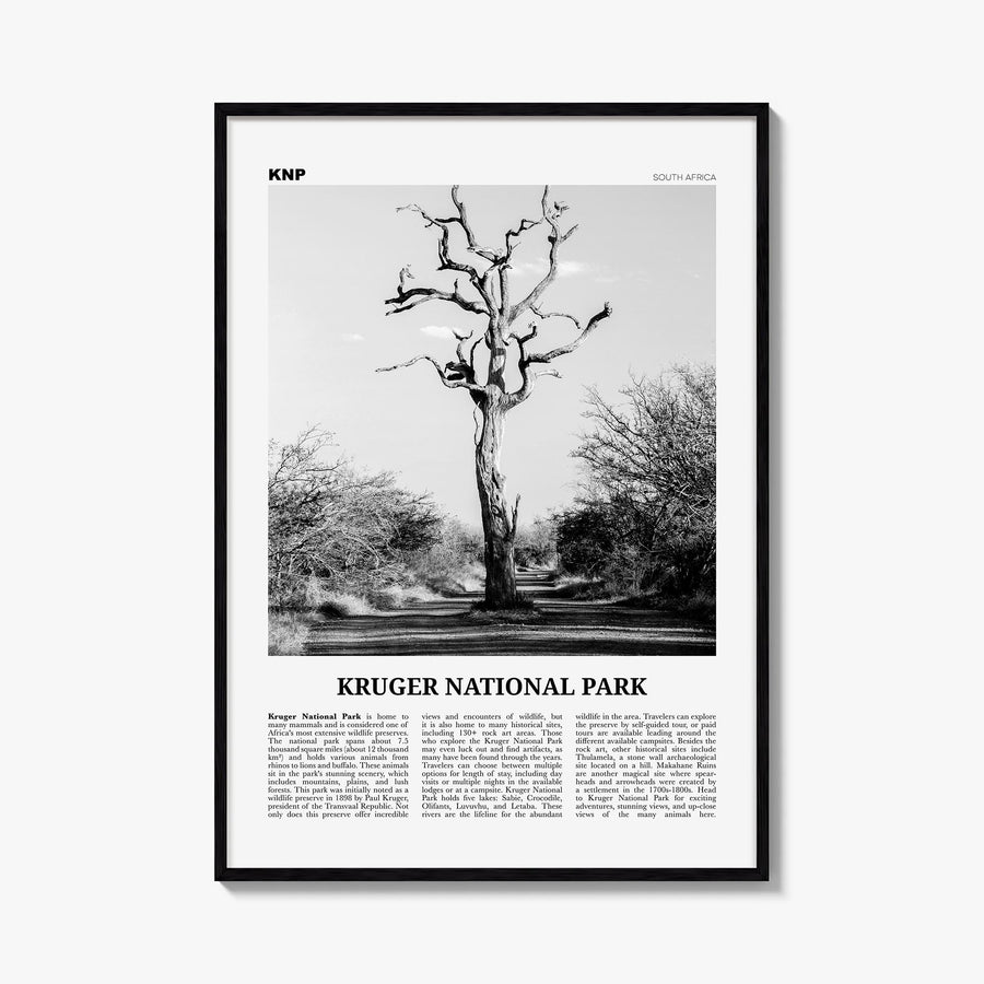 Kruger National Park black & white newspaper poster of South Africa – vertical wall art, unframed print shown in interior moc