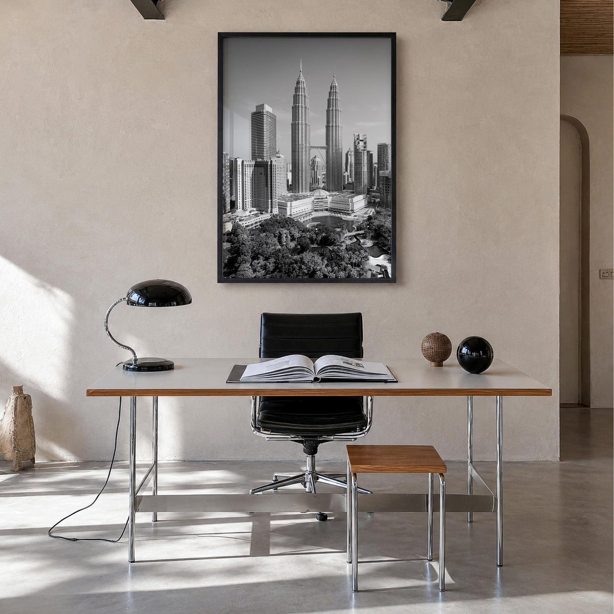 Kuala Lumpur black & white photo poster of Malaysia – vertical wall art in black wood frame, hanging on wall
