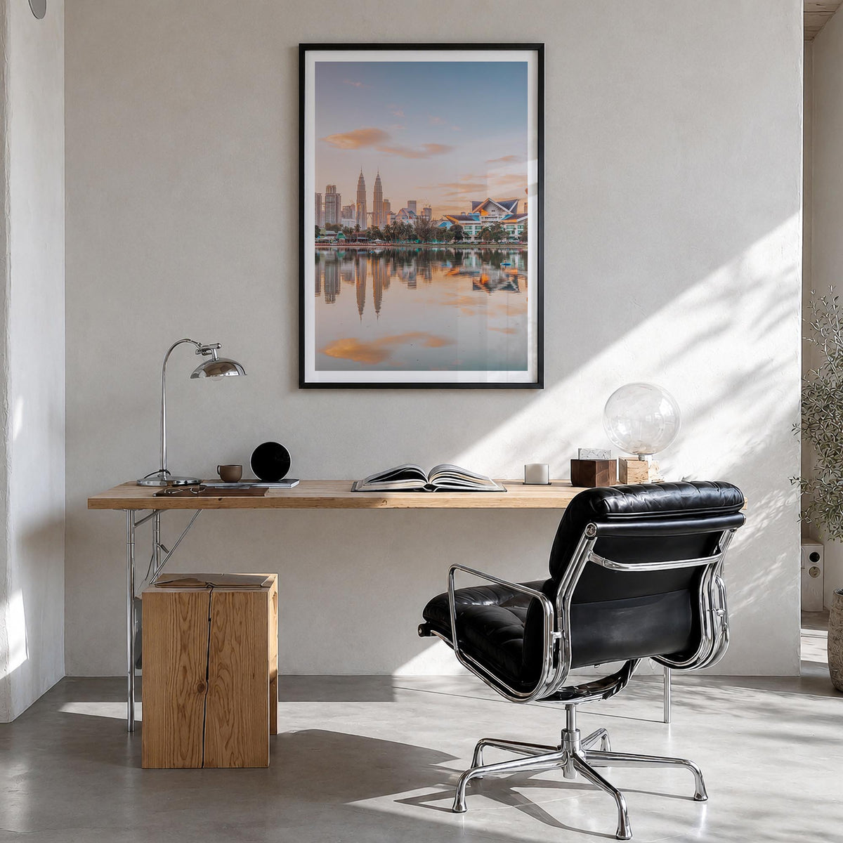 Kuala Lumpur colorful photo poster of Malaysia – vertical wall art in black wood frame with white border, hanging on wall