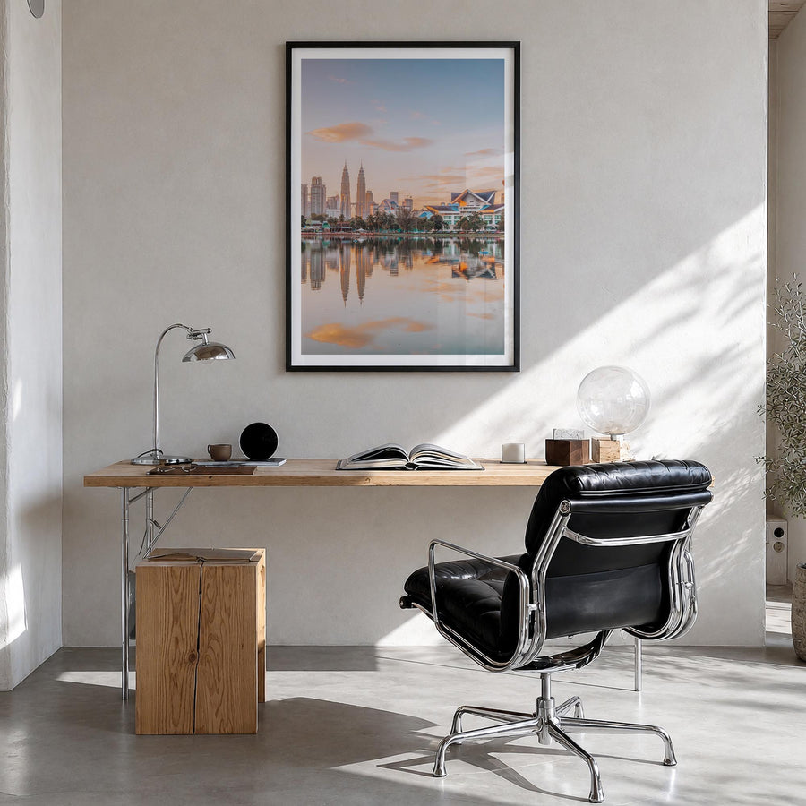 Kuala Lumpur colorful photo poster of Malaysia – vertical wall art in black wood frame with white border, hanging on wall