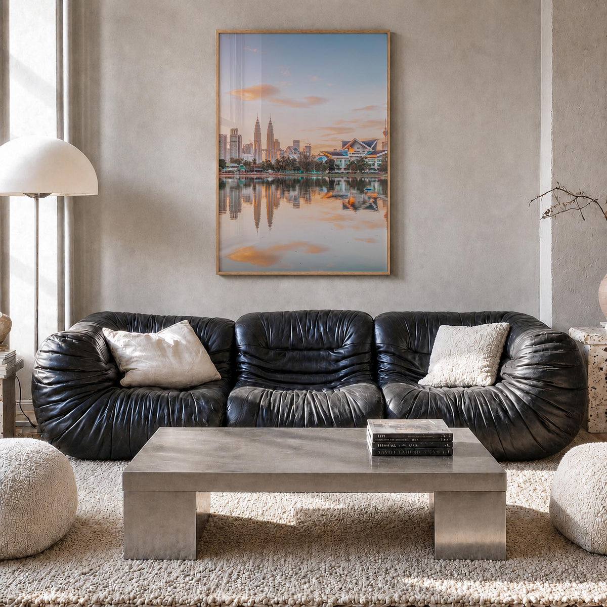 Kuala Lumpur colorful photo poster of Malaysia – vertical wall art in natural wood frame, hanging on wall