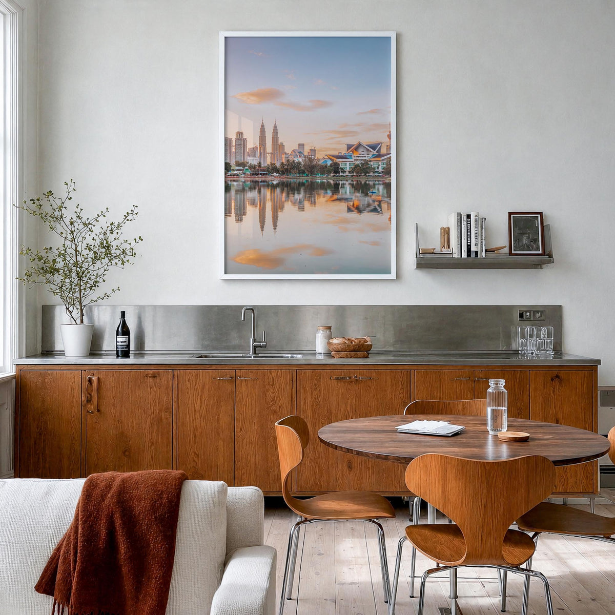 Kuala Lumpur colorful photo poster of Malaysia – vertical wall art in white wood frame, hanging on wall