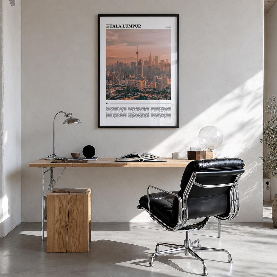 Kuala Lumpur colorful travel poster of Malaysia – vertical wall art in black wood frame, hanging on wall