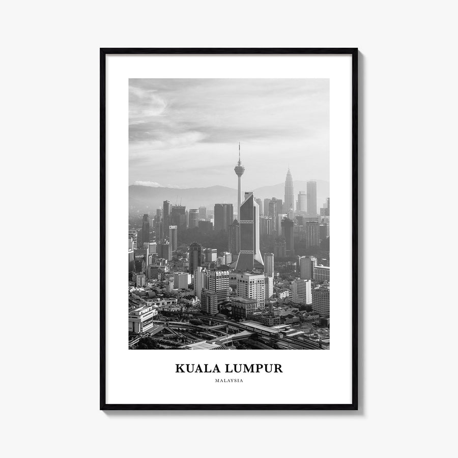 Kuala Lumpur no. 1 black & white classic poster of Malaysia – vertical wall art, unframed print shown in interior mockup