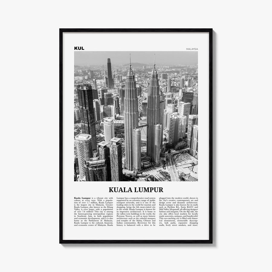 Kuala Lumpur no. 1 black & white newspaper poster of Malaysia – vertical wall art, unframed print shown in interior mockup
