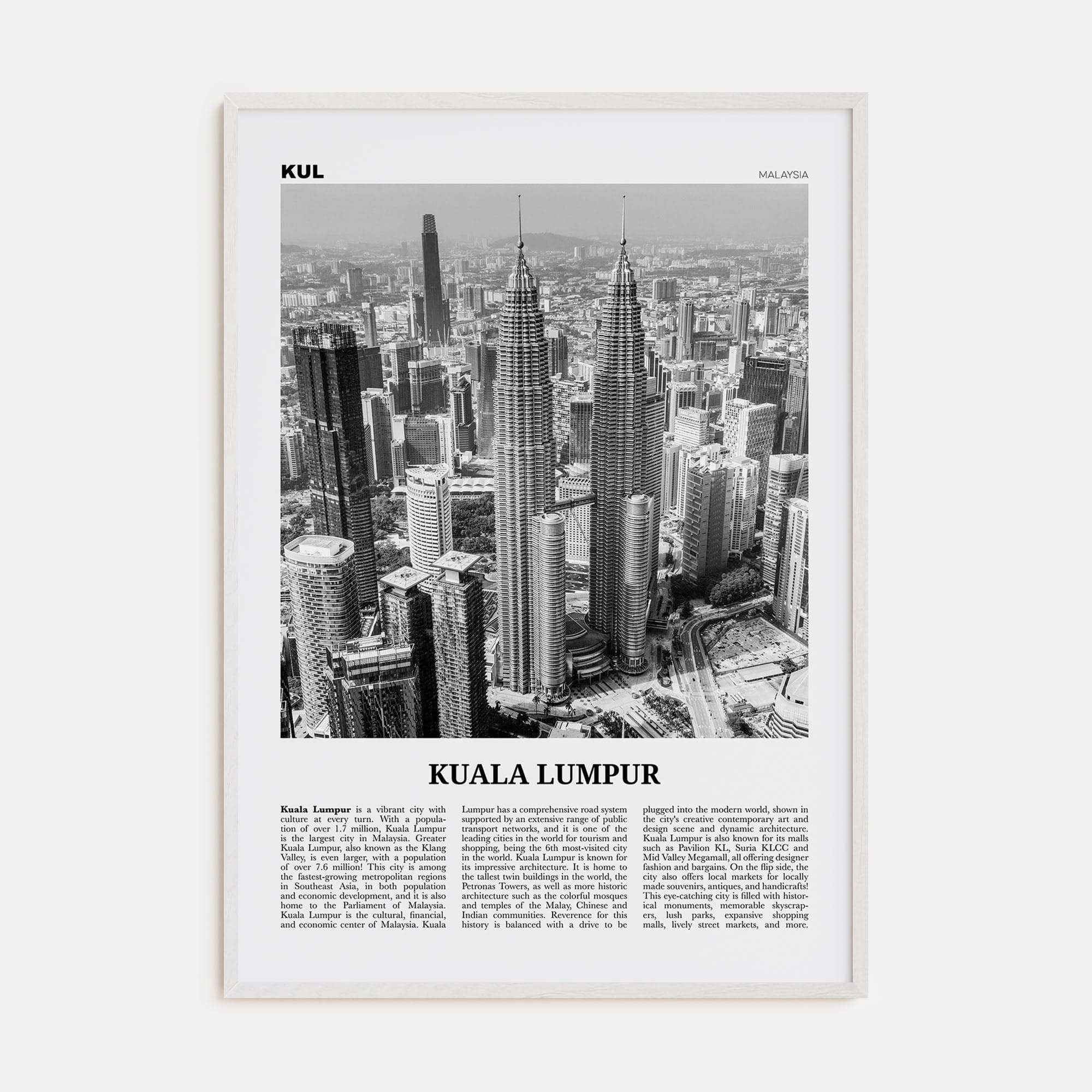 Kuala Lumpur No 1 Poster White Wood / 8x12 in Nbourhood Travel B&W Poster