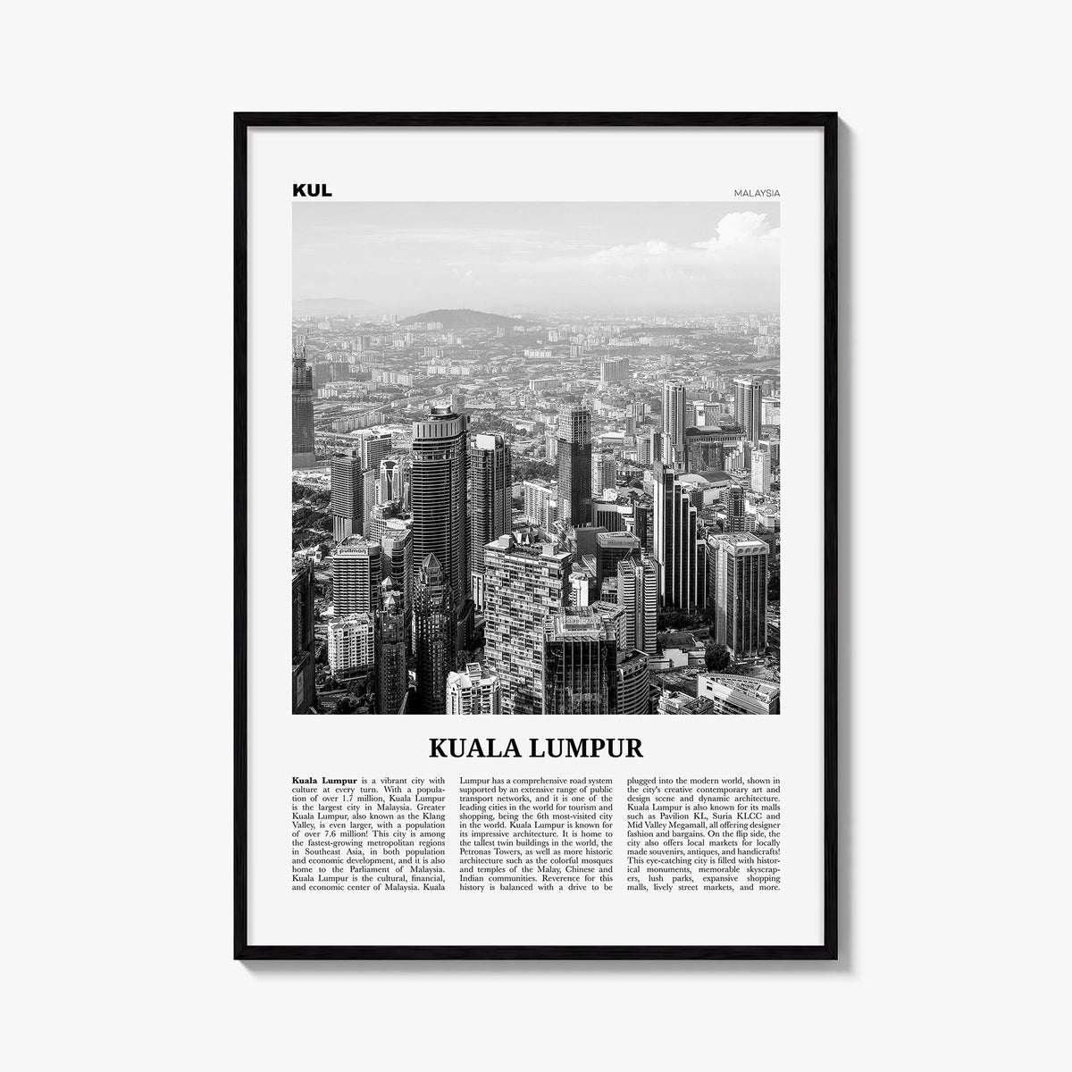 Kuala Lumpur no. 2 black & white newspaper poster of Malaysia – vertical wall art, unframed print shown in interior mockup