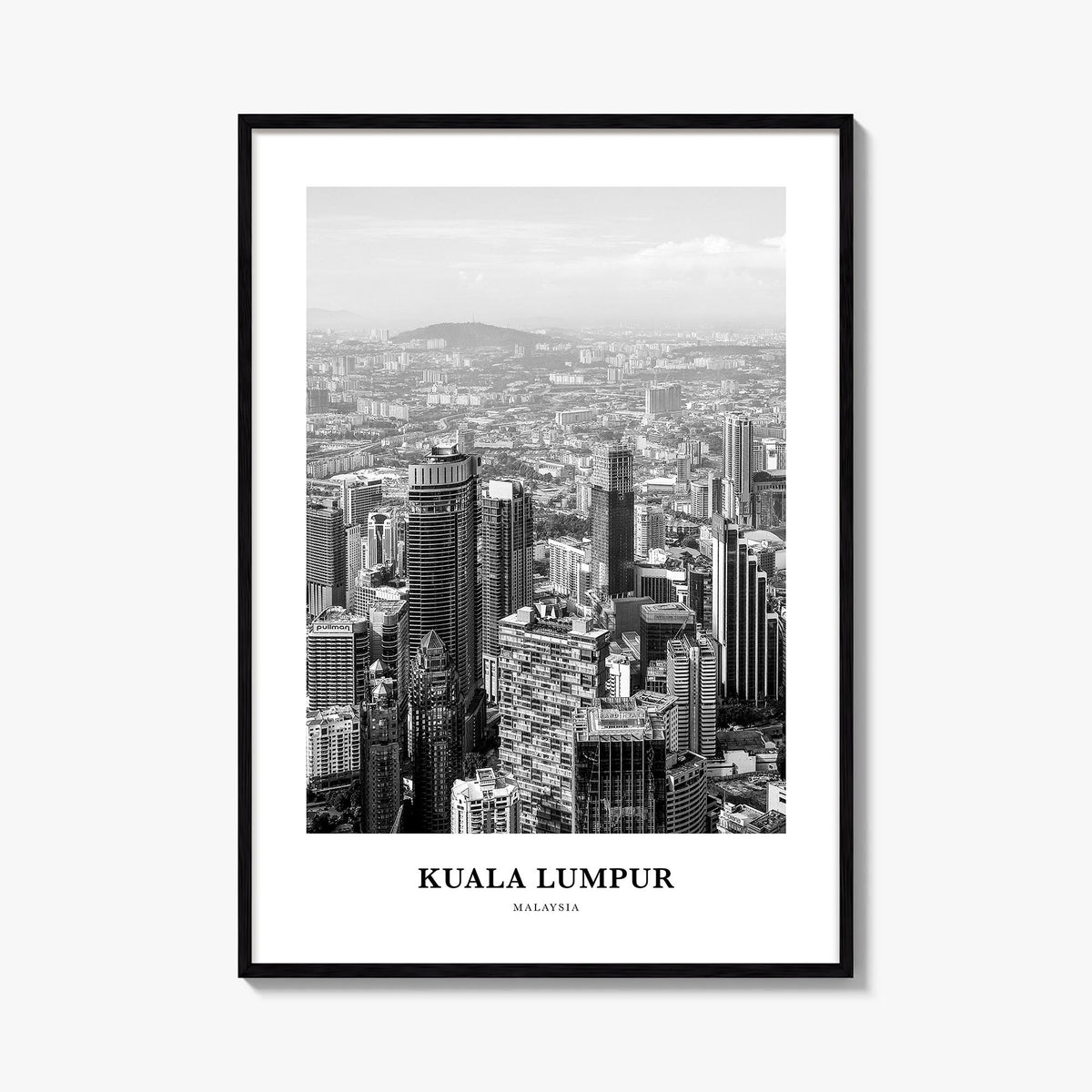 Kuala Lumpur no. 3 black & white classic poster of Malaysia – vertical wall art, unframed print shown in interior mockup