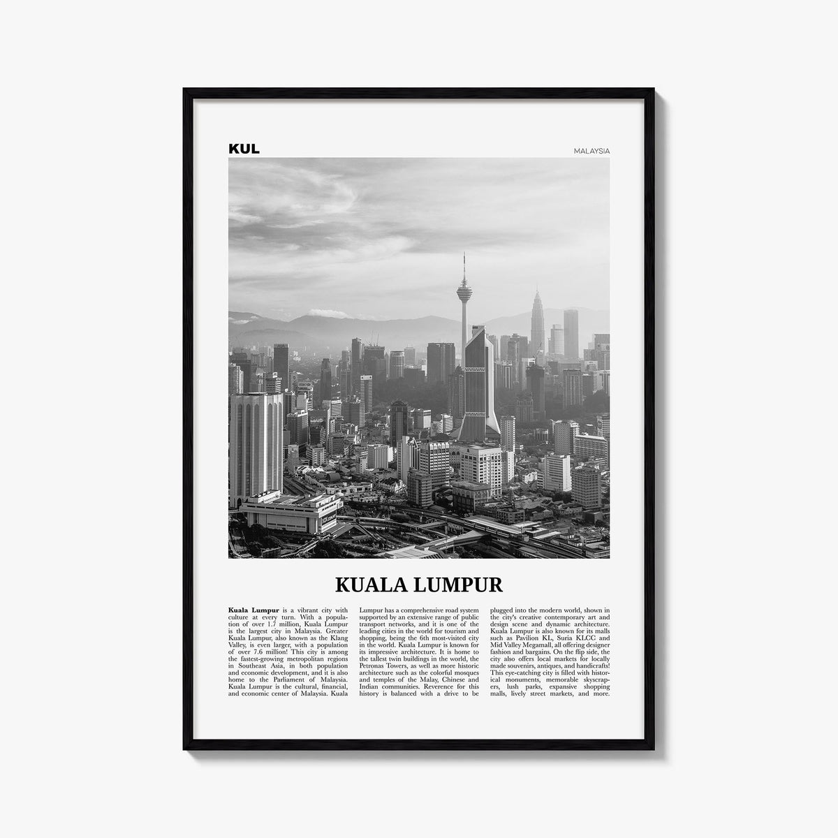 Kuala Lumpur no. 3 black & white newspaper poster of Malaysia – vertical wall art, unframed print shown in interior mockup